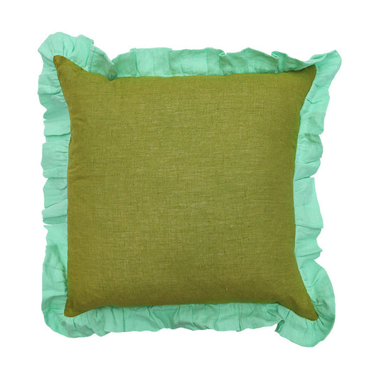 Block Frill Filled Cushion 45cm - Olive with Aqua Frill.