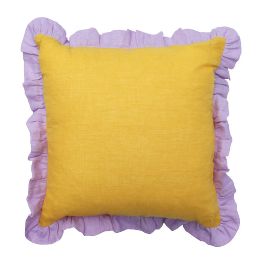 Block Frill Filled Cushion 45cm - Yellow with Lavender Frill